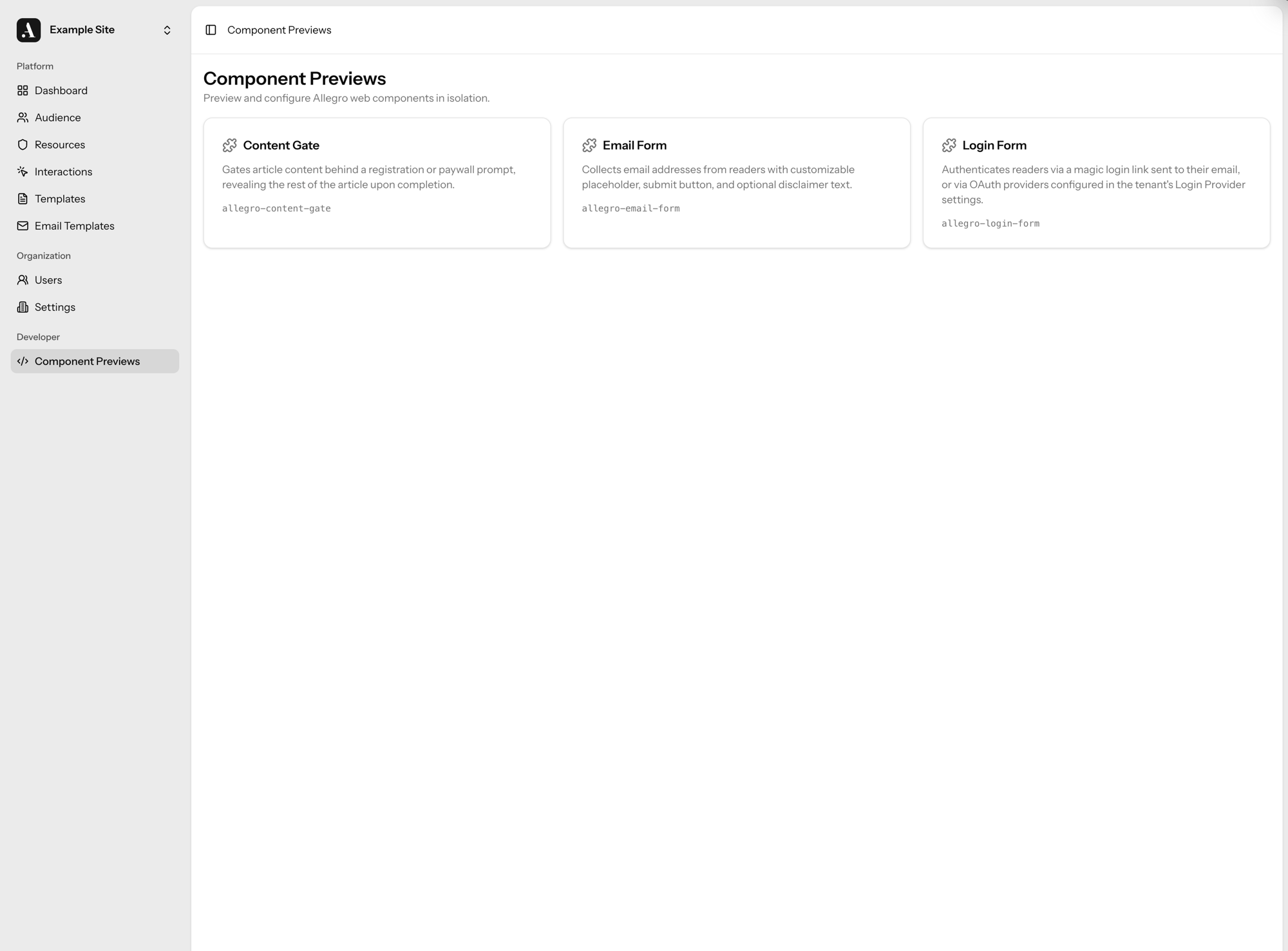 Component Previews page showing three component cards